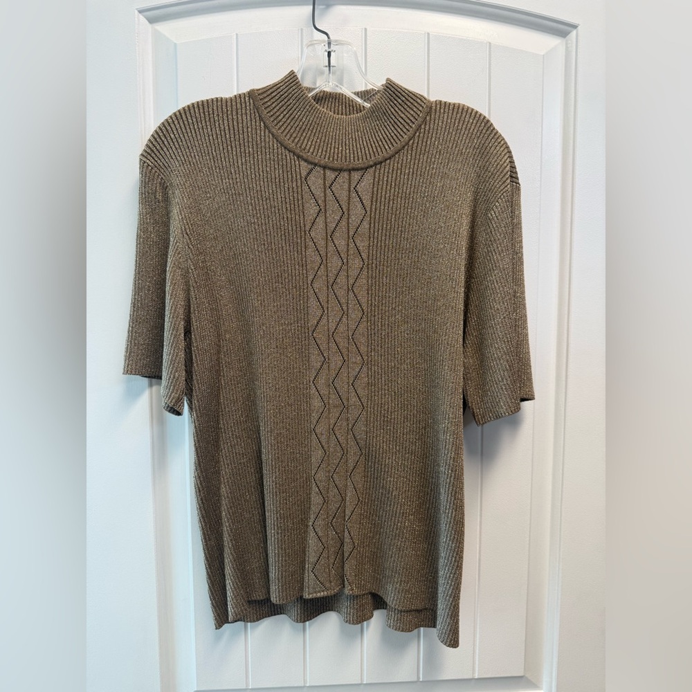 Kasper Gold  Shimmer Textured 83%  Silk Pullover Short Sleeve Sweater Size XL EC